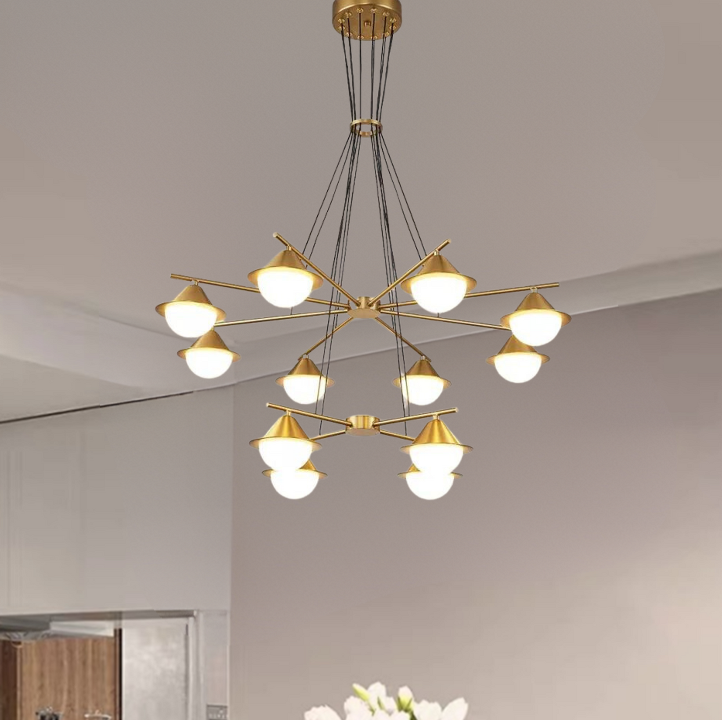 Brass Acrylic Double Height LED Chandelier by Gloss (P0716-12A)