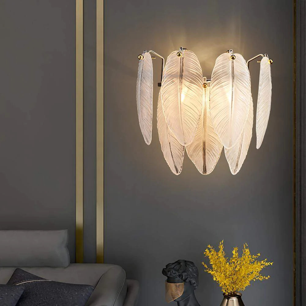 Premium White Glass Goose Feather Designer Wall Lamp by Gloss (9063)