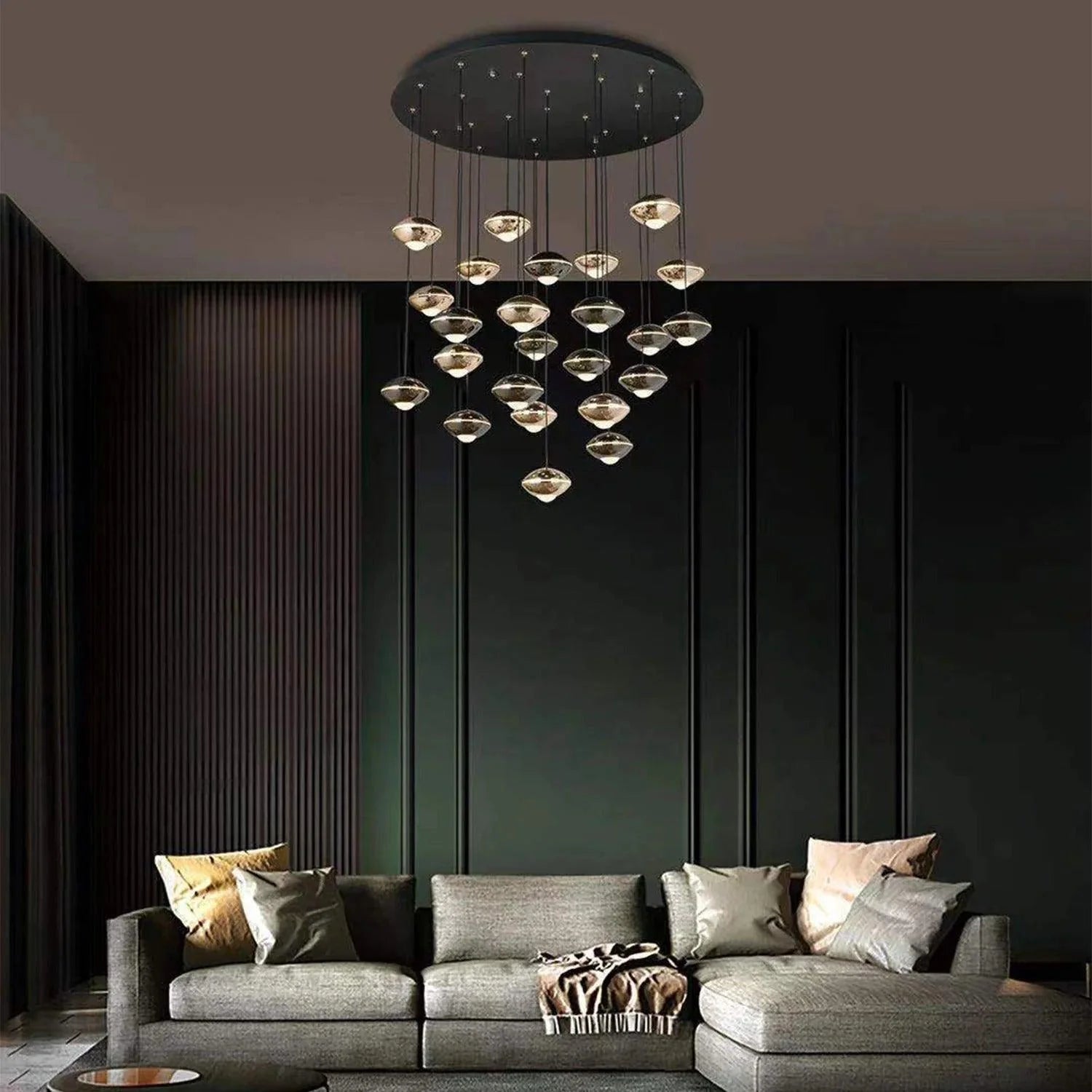 P0723-24A Premium Modern LED Chandelier For Living Room Restaurant Minimalist Gold and Pearl Black Long Hanging Chandeliers Lighting Fixtures