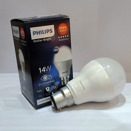 Philips 14W LED B-22 Steller Bright Bulb: Round Shape, Crystal White/Golden Yellow