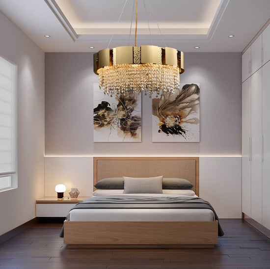 BUY Gold Stainless Steel Crystal Chandelier by Gloss (SR1333/60) at best price - Best Chandelier for bedroom decor