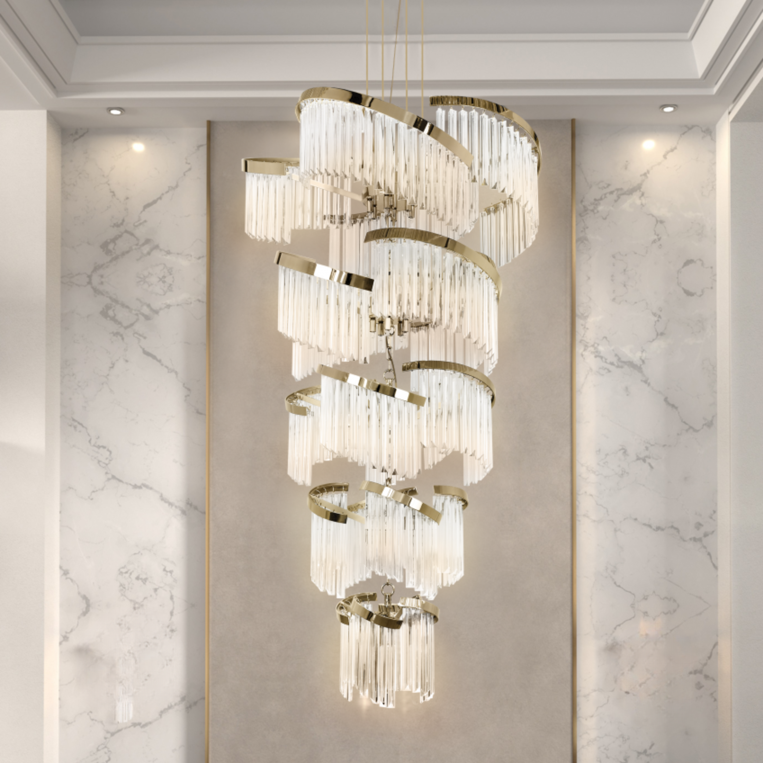 XQ-CR002 Stair Electroplated iron long chandelier Modern Clear Finish Matt copper chandelier for duplex building Duplex Area, Duplex Lobby, Double Height Lobby, Duplex House, Staircase Area