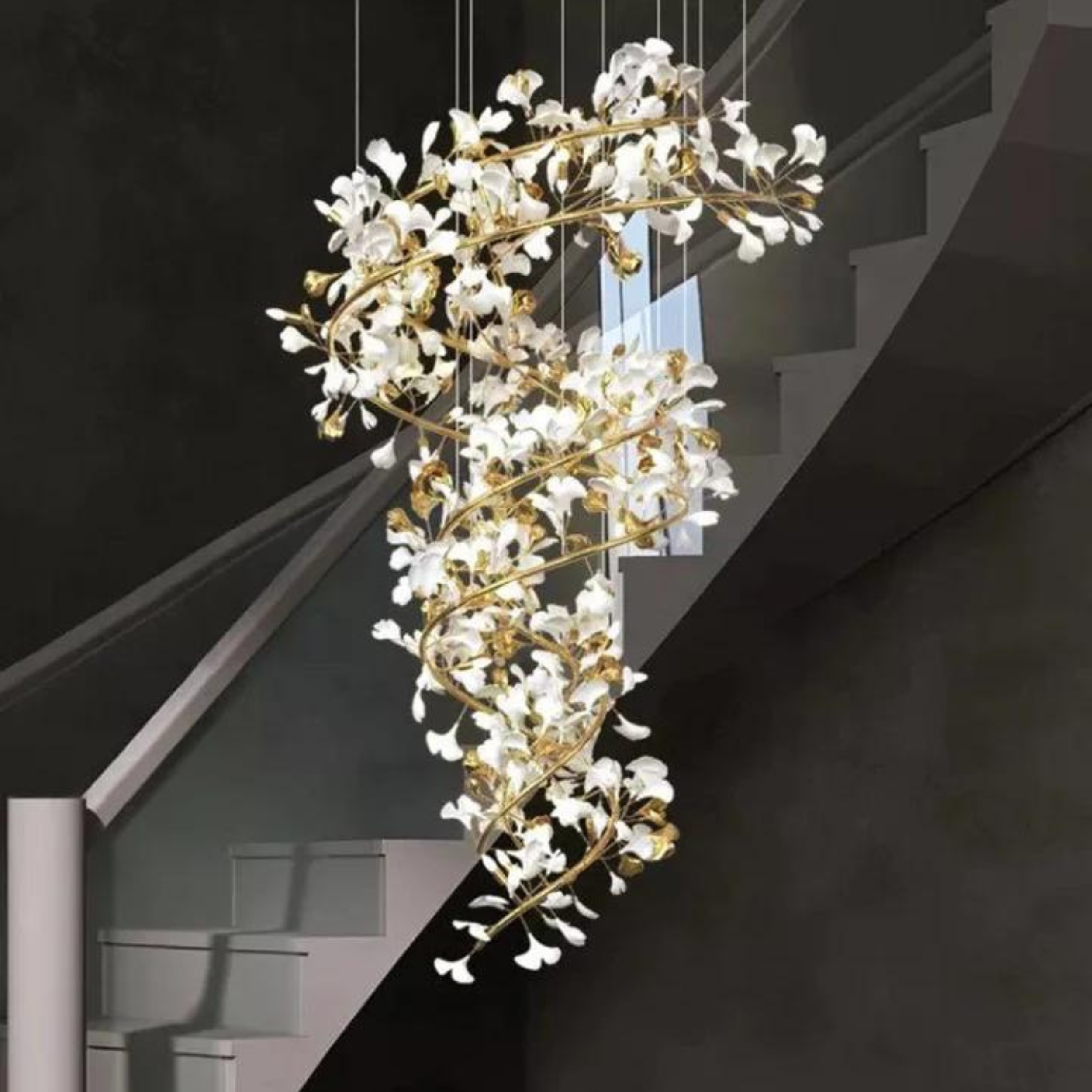 XQ-CR004 Creative White Finish Matt copper leaf stair long chandelier For Double Height Chandelier, Duplex Area, Duplex Lobby, Double Height Lobby, Duplex House, Staircase Area