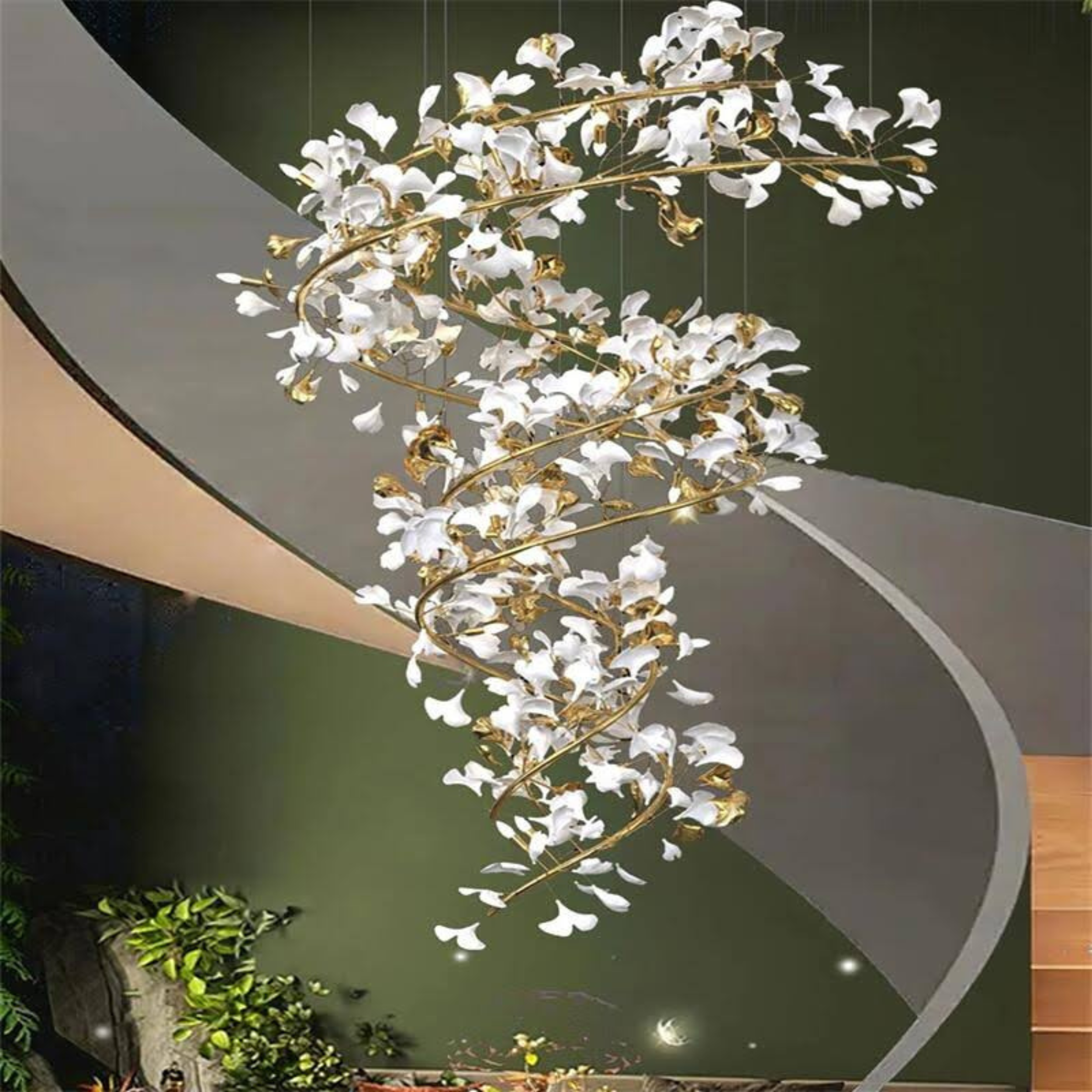 XQ-CR004 Creative White Finish Matt copper leaf stair long chandelier For Double Height Chandelier, Duplex Area, Duplex Lobby, Double Height Lobby, Duplex House, Staircase Area
