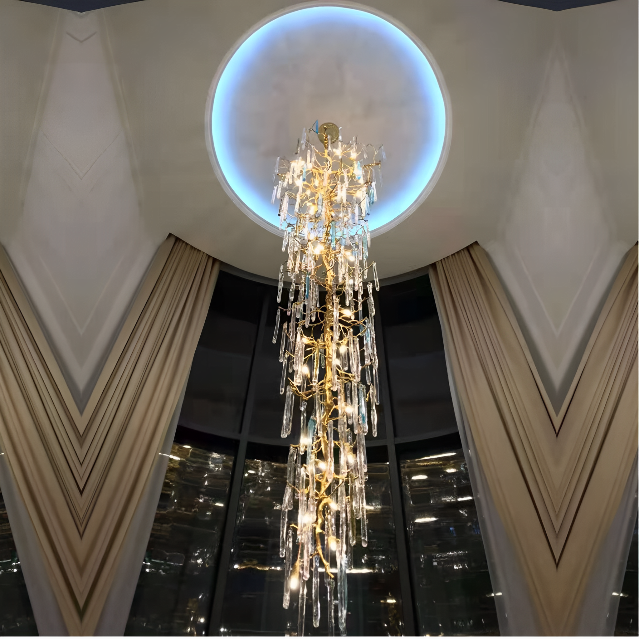 XQ-CR006 Luxury Modern Aluminum Crystal Beaded Glass Duplex chandelier For Double Height Chandelier, Duplex Area, Duplex Lobby, Double Height Lobby, Duplex House, Staircase Area