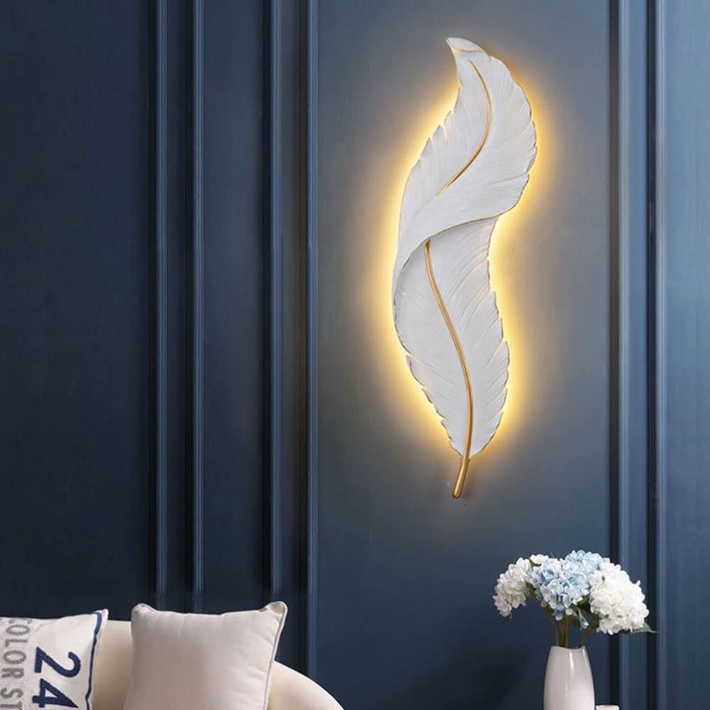 B856 Premium LED Modern Indoor Wall Sconce, White Resin Feather Decorative Wall Light, Modern Hardware Light Body Wall Mounted Light Fixture Lamps for Living Room, Bedroom Hallway, Hotel, Restaurants (Single Piece)