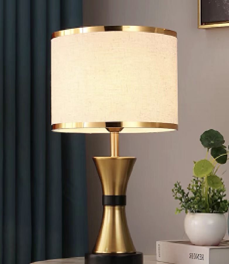 T9673 White Flex Iron and Cloth Shade Table Lamp with Natural Base for Bedside, Bedroom, Living Room, Hotel, Cafe