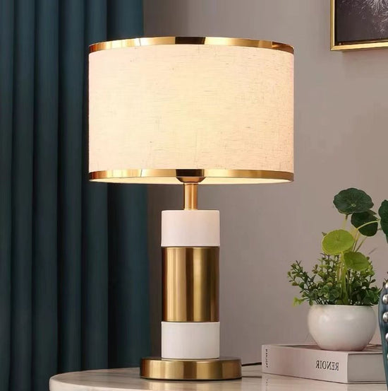 Premium Golden bedside Table Desk Lamp with White fabric shade suitable for bedroom, living room, office, children's room, dorm room table by Gloss (T9692)